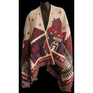 Christmas Poncho Throw Red Green White Fringe Village Scene Snowflakes Wrap